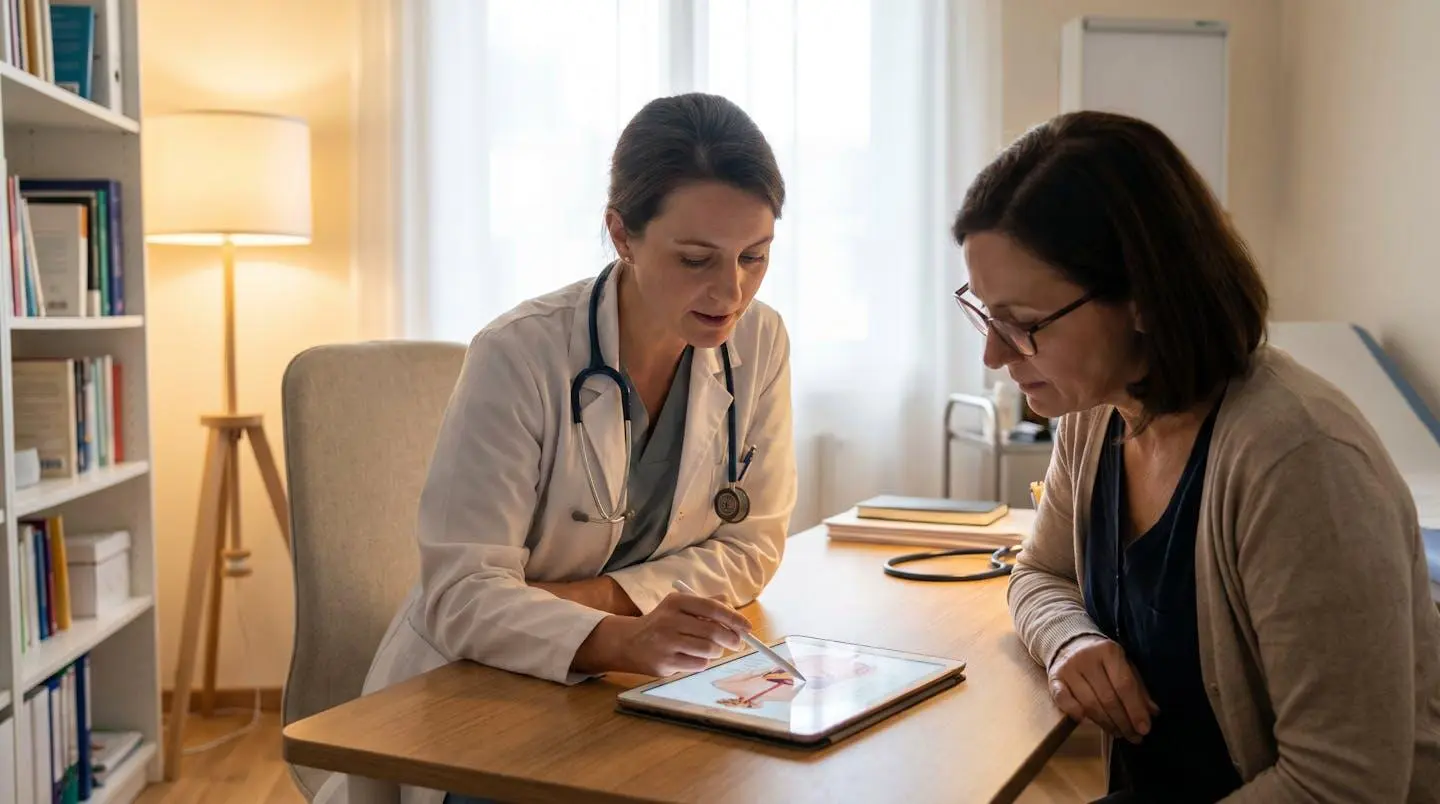 Médecin expliquant le bilan préopératoire mammaire à une patiente avec schéma anatomique