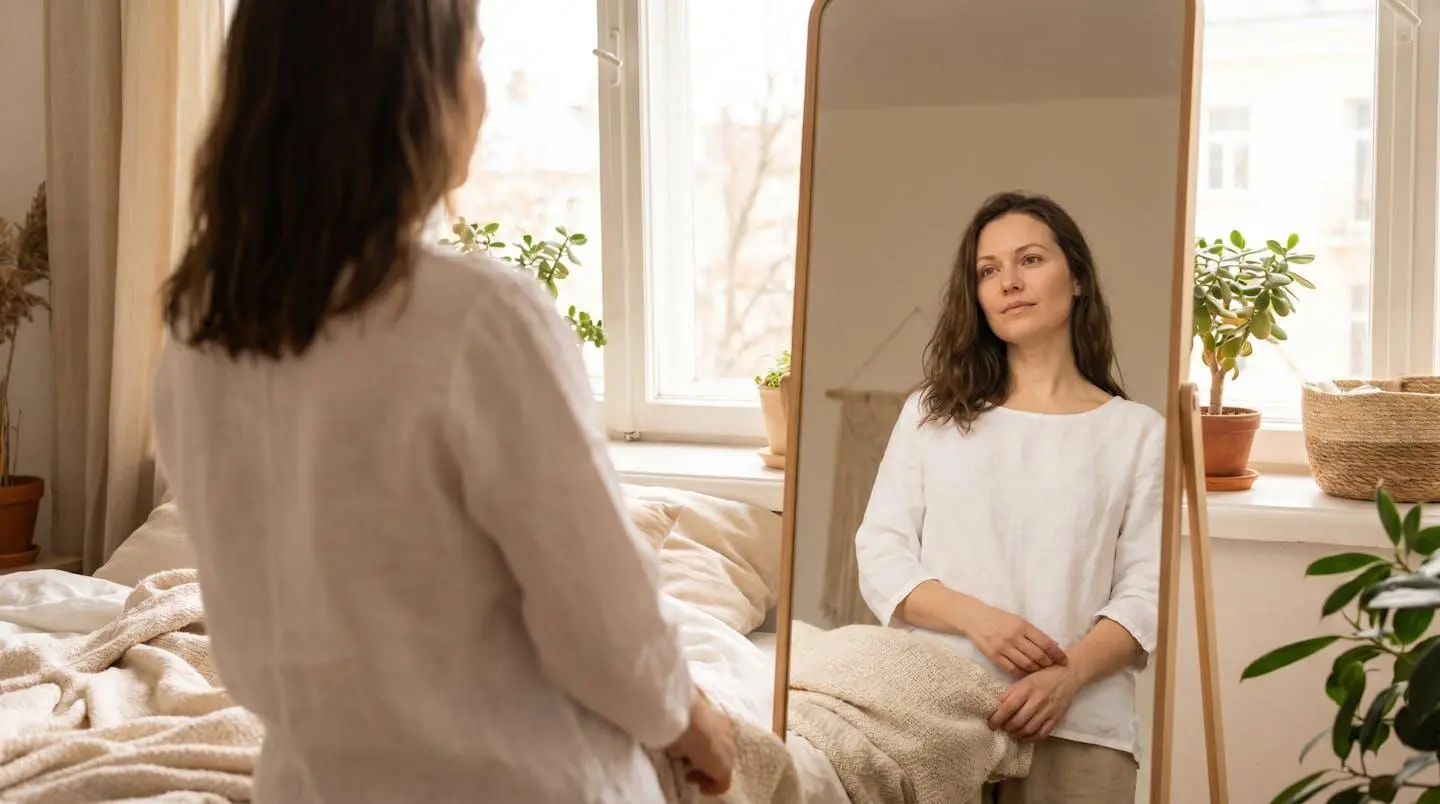 Femme active de 40 ans observant son profil dans un miroir avec un regard serein et réfléchi