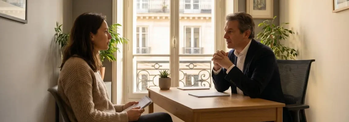 Femme en consultation avec un chirurgien plasticien discutant du bilan mammaire